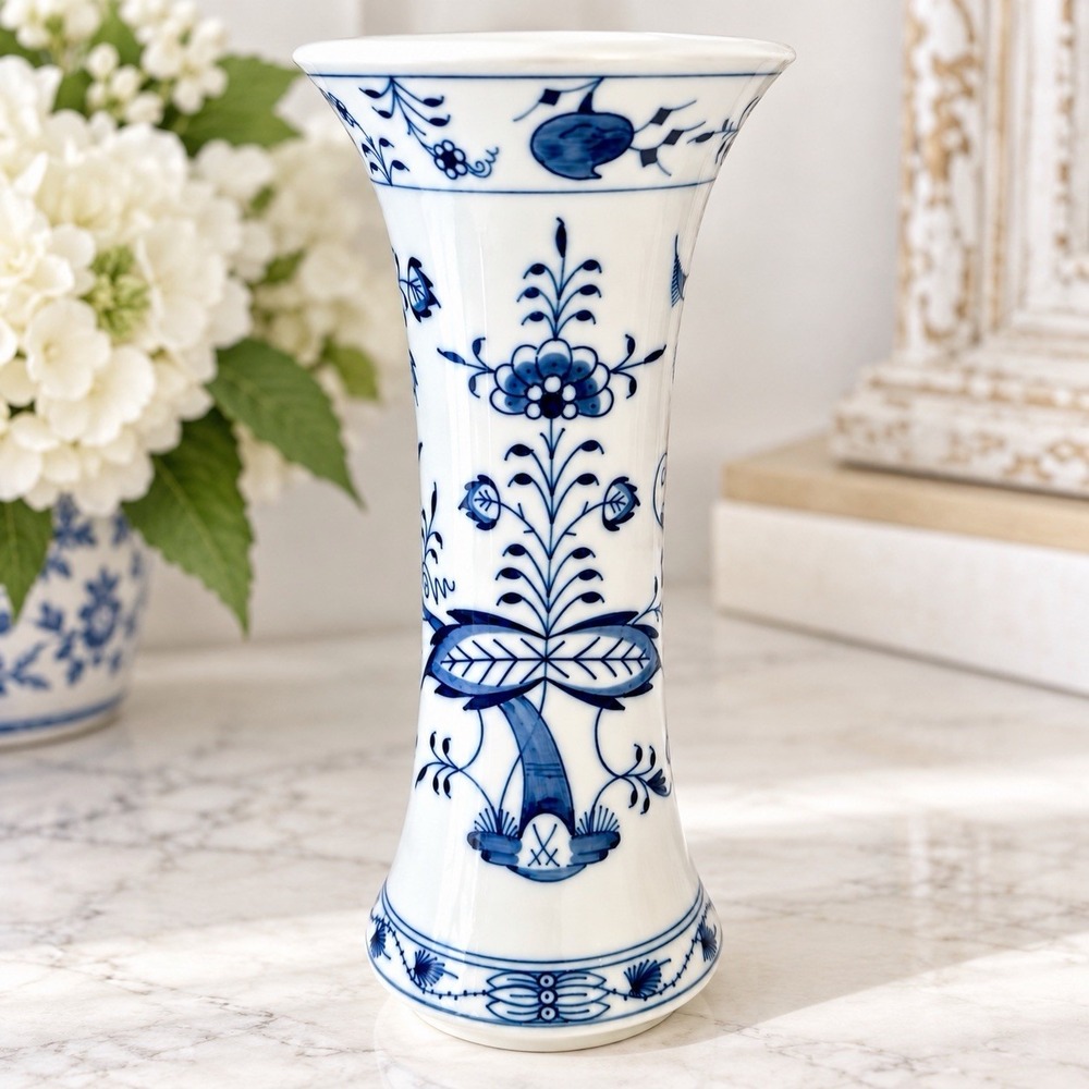 Vintage Meissen Blue Onion Porcelain Trumpet Vase 10" Crossed Swords Germany